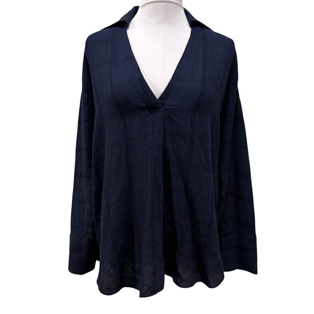 Vince VNeck Wool Blend Tunic Blouse Navy Blue Windowpane Collared Medium Luxury